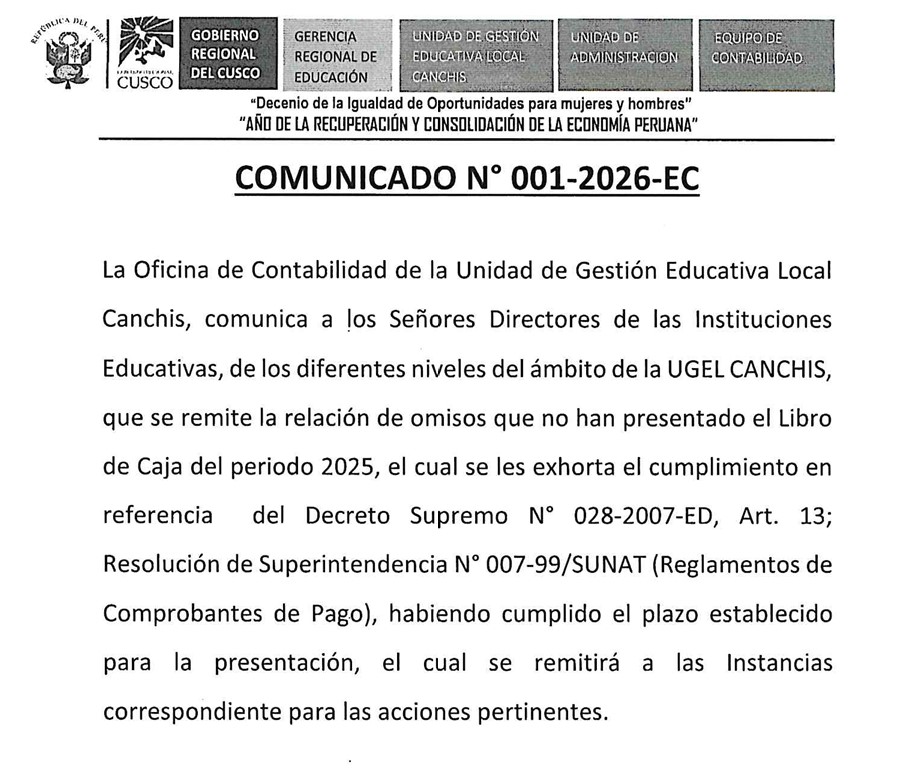 COMUNICADO N° 001-2026-EC - omisos que no han presentado el Libro de Caja del periodo 2025